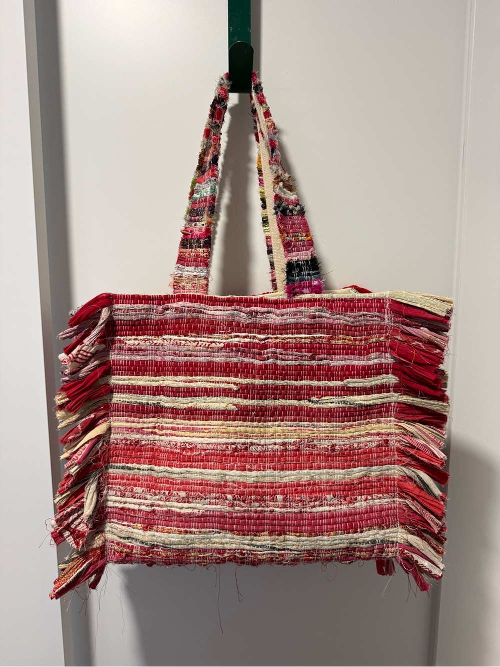 Shiraleah Red and Cream Striped Fringe Tote